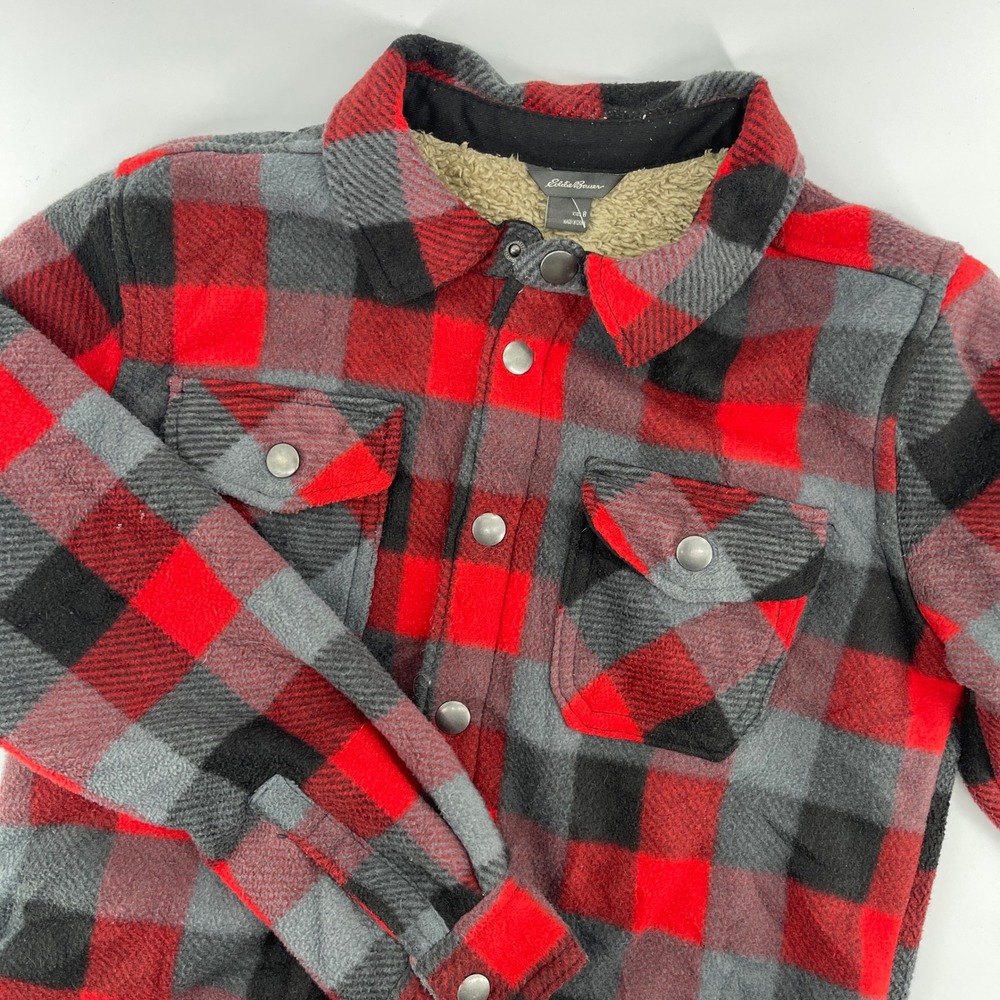 Eddie Bauer Kids Plaid Fleece Lined Shirt Jacket Red‎ Black Gray Size 8
